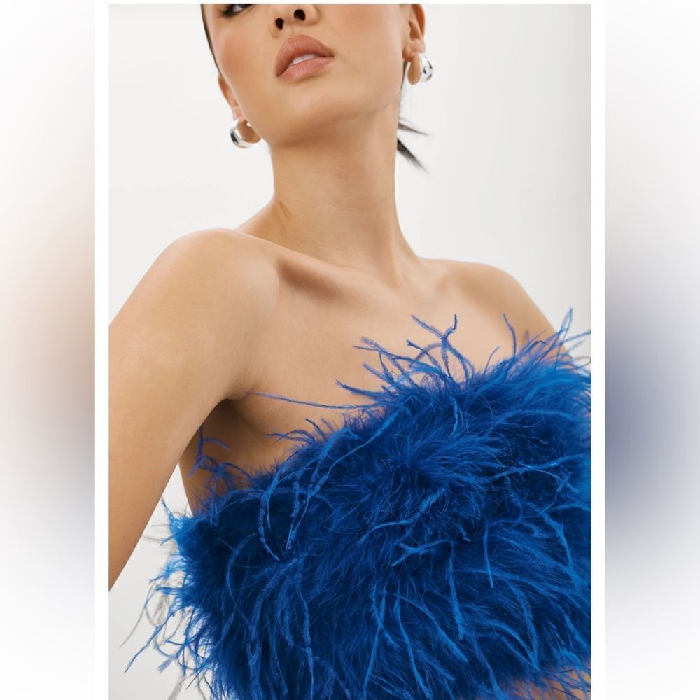 NWT LaMarque Zaina Top maribou feather bandeau bustier cobalt blue Revolve XS - Picture 8 of 10